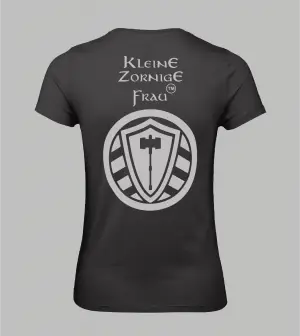 Rückansicht schwarzes Damen T-Shirt mit Spruch 'Kleine Zornige Frau' und Stahllager-Logo