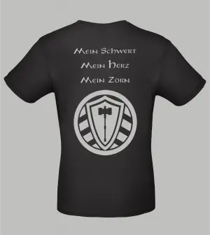 Rückansicht schwarzes Herren T-Shirt mit Spruch 'Mein Schwert Mein Herz Mein Zorn' und Stahllager-Logo