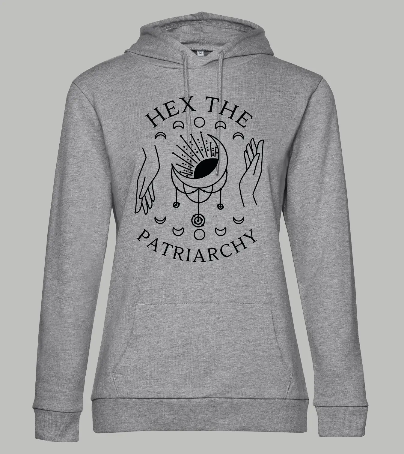 Damen Hoodie Hex The Patriarchy mit Traumfänger, Händen und Mondphasen-Motiv in schwarz auf grauem Hoodie