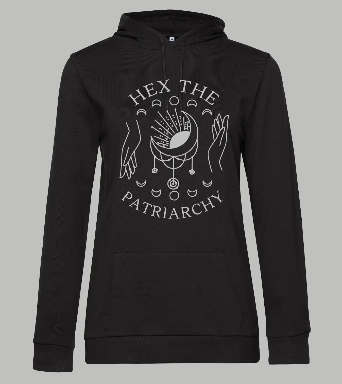 Damen Hoodie Hex The Patriarchy mit Traumfänger, Händen und Mondphasen-Motiv in grau auf schwarzem Hoodie