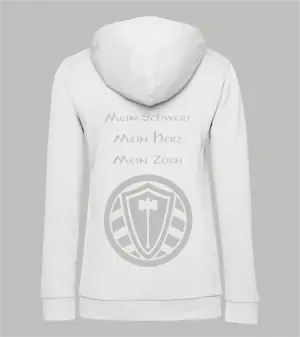 Rückansicht weißer Damen Hoodie mit Spruch 'Mein Schwert Mein Herz Mein Zorn' und Stahllager-Logo