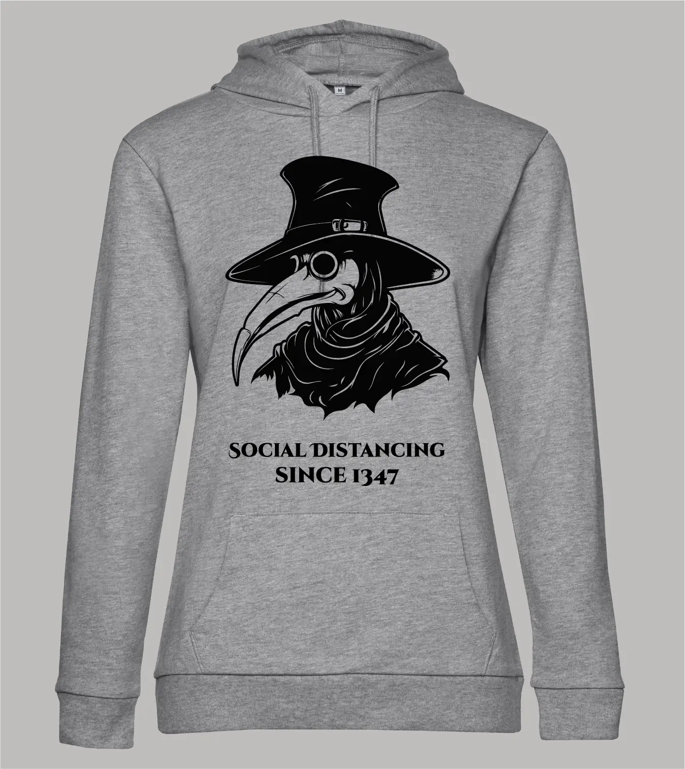 Damen-Hoodie-Pestarzt-Grau Damen Hoodie Pestarzt mit Pestarzt-Motiv und Schriftzug "Social Distancing since 1347" in schwarz auf grauem Hoodie