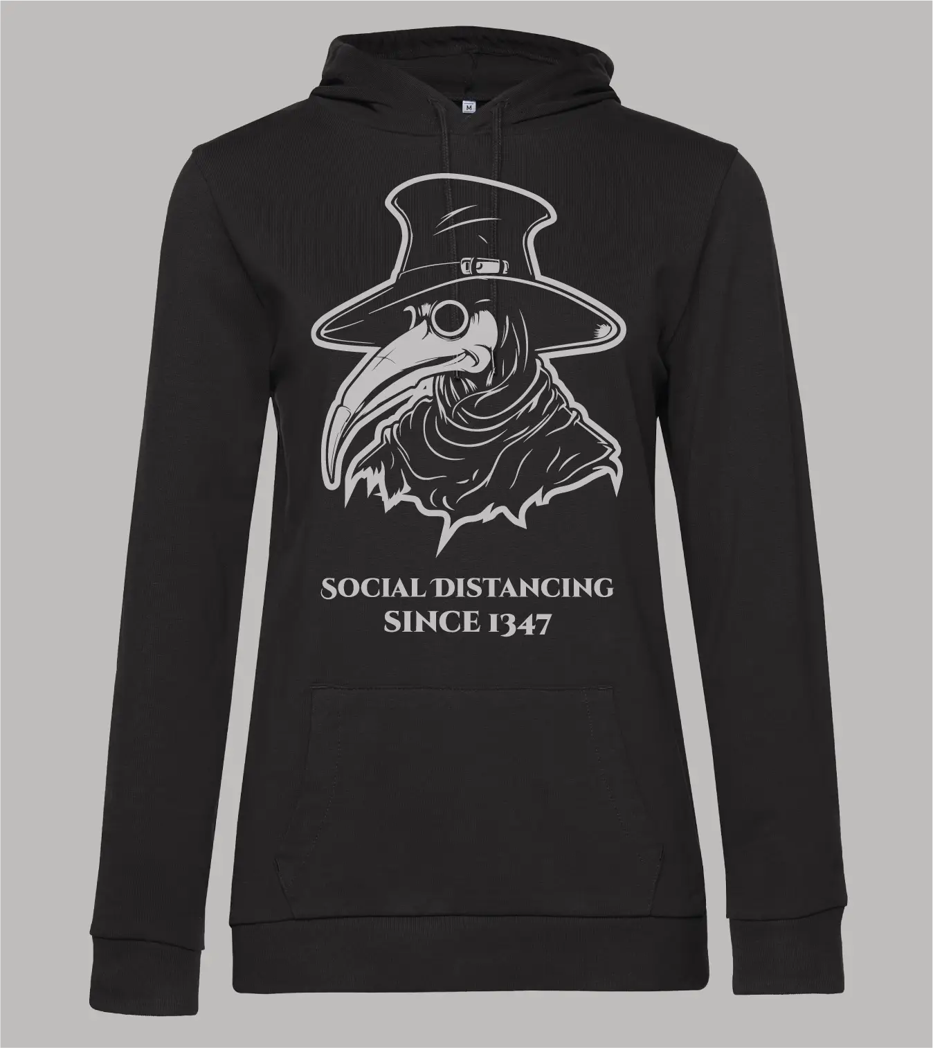 Damen-Hoodie-Pestarzt-Schwarz Damen Hoodie Pestarzt mit Pestarzt-Motiv und Schriftzug "Social Distancing since 1347" in grau auf schwarzem Hoodie