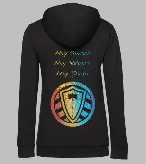 Rückansicht schwarzer Damen Hoodie mit Spruch 'My Sword My Wrath My Pride' und Stahllager-Logo