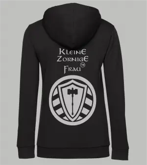 Rückansicht schwarzer Damen Hoodie mit Spruch 'Kleine Zornige Frau tm' und Stahllager-Logo