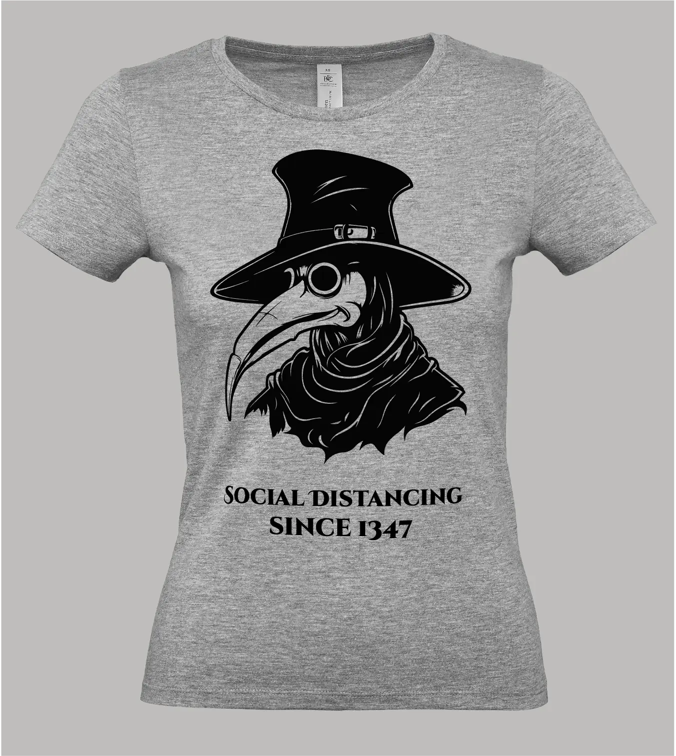 Damen T-Shirt Pestarzt mit Pestarzt-Motiv und Schriftzug "Social Distancing since 1347" in schwarz auf grauem Shirt