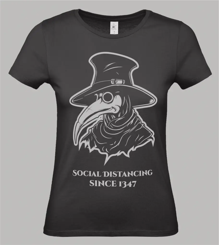 Damen T-Shirt Pestarzt mit Pestarzt-Motiv und Schriftzug "Social Distancing since 1347" in grau auf schwarzem Shirt