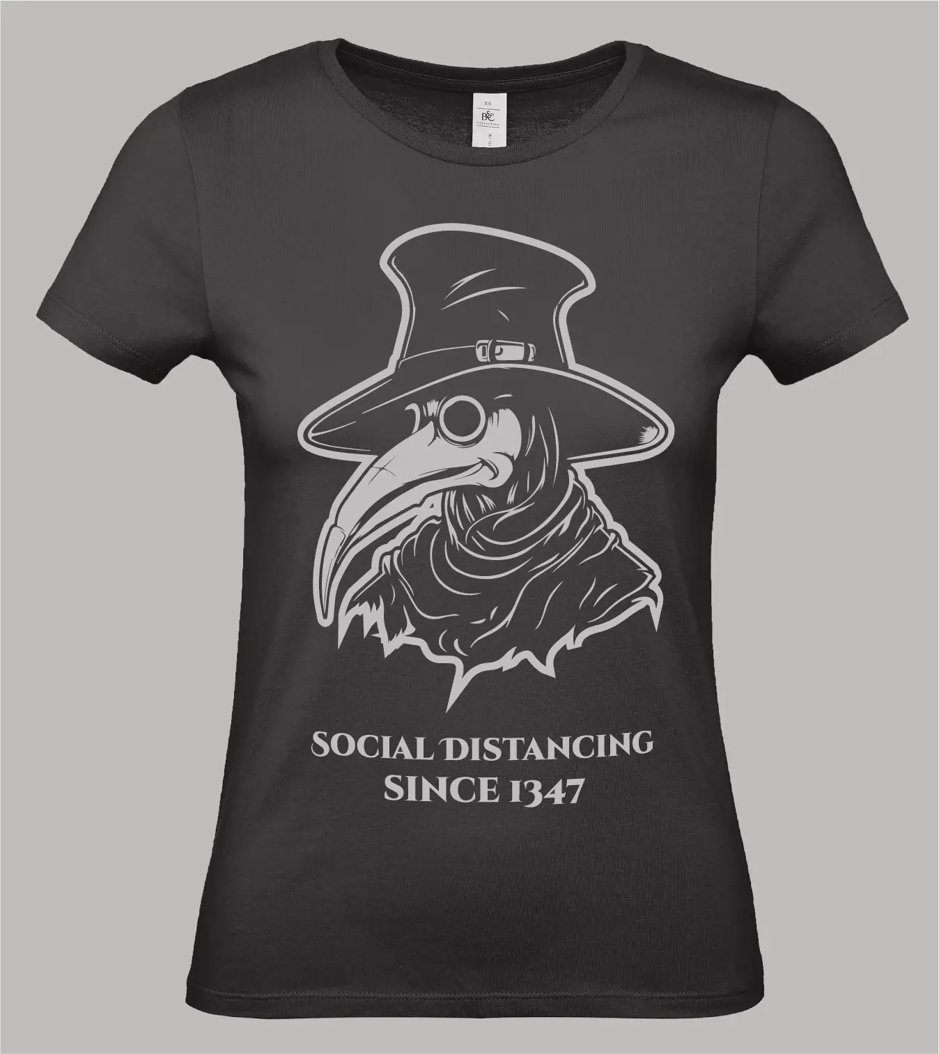 Damen T-Shirt Pestarzt mit Pestarzt-Motiv und Schriftzug "Social Distancing since 1347" in grau auf schwarzem Shirt