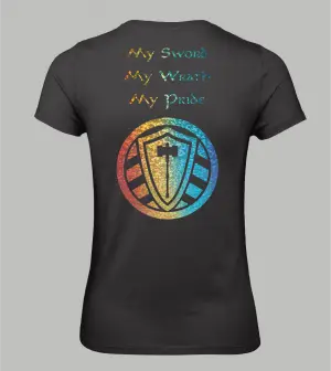 Rückansicht schwarzes Damen T-Shirt mit Spruch 'My Sword My Wrath My Pride' und Stahllager-Logo