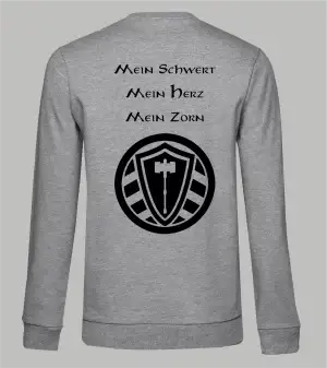 Rückansicht graues Damen Sweatshirt mit Spruch 'Mein Schwert Mein Herz Mein Zorn' und Stahllager-Logo