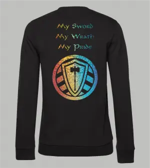 Rückansicht schwarzes Damen Sweatshirt mit Spruch "My Sword My Wrath My Pride" und Stahllager-Logo in Holo-Regenbogen-Farbe