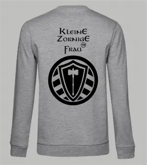 Rückansicht graues Damen Sweatshirt mit Spruch 'Kleine Zornige Frau tm' und Stahllager-Logo