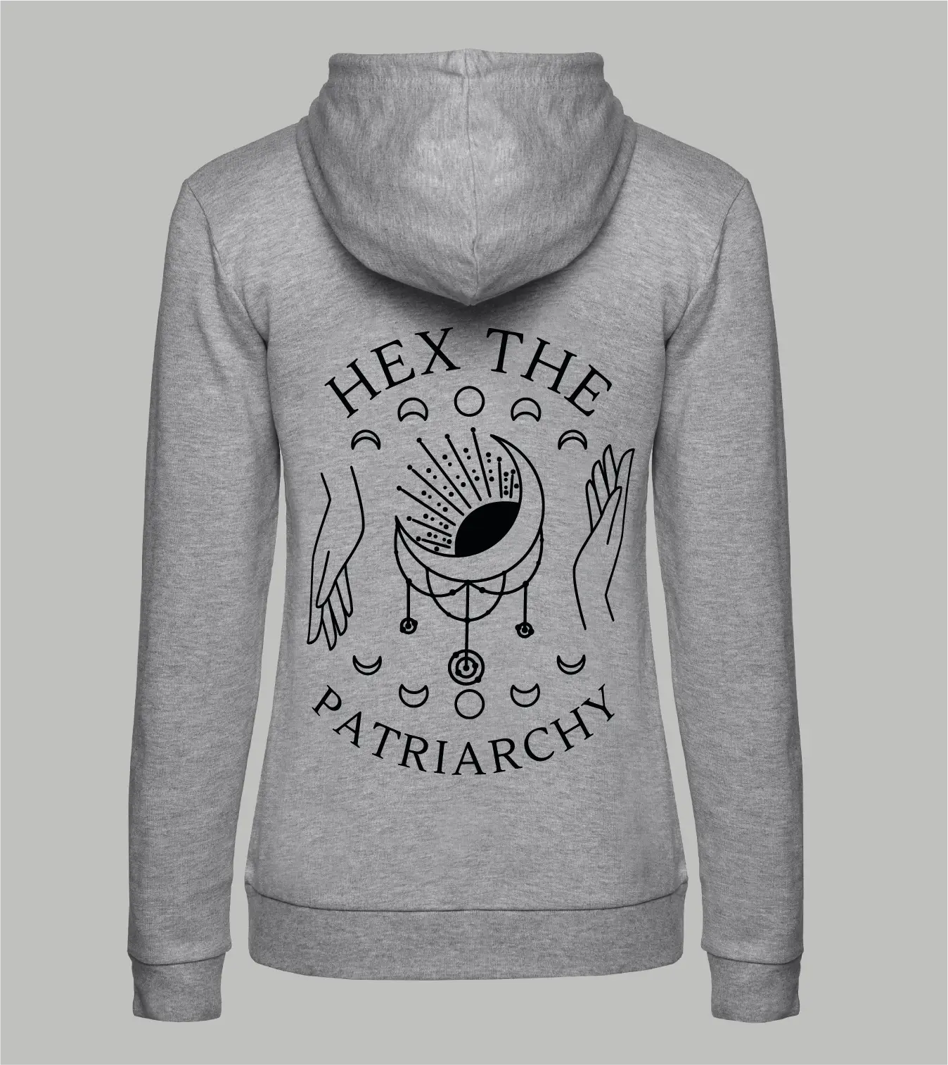 Rückansicht Damen Zip-Hoodie Hex The Patriarchy mit Traumfänger, Händen und Mondphasen-Motiv in schwarz auf grauem Zip-Hoodie