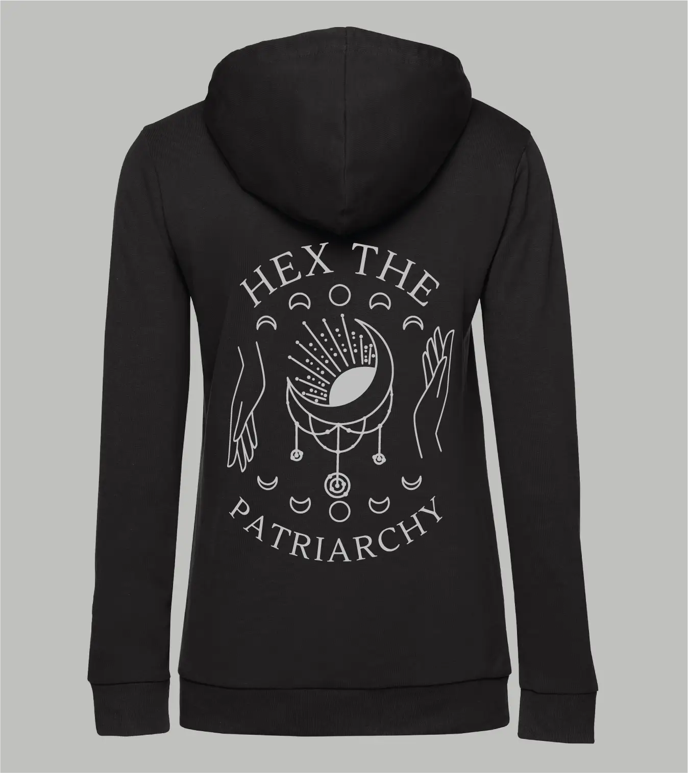 Rückansicht Damen Zip-Hoodie Hex The Patriarchy mit Traumfänger, Händen und Mondphasen-Motiv in grau auf schwarzem Zip-Hoodie