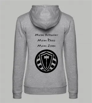 Rückansicht grauer Damen Zip-Hoodie mit Spruch 'Mein Schwert Mein Herz Mein Zorn' und Stahllager-Logo