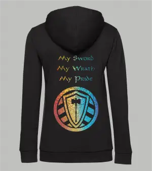 Rückansicht schwarzer Damen Zip-Hoodie mit Spruch "My Sword My Wrath My Pride" und Stahllager-Logo in Holo-Regenbogen-Farbe