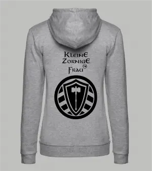 Rückansicht grauer Damen Zip-Hoodie mit Spruch 'Kleine Zornige Frau tm' und Stahllager-Logo