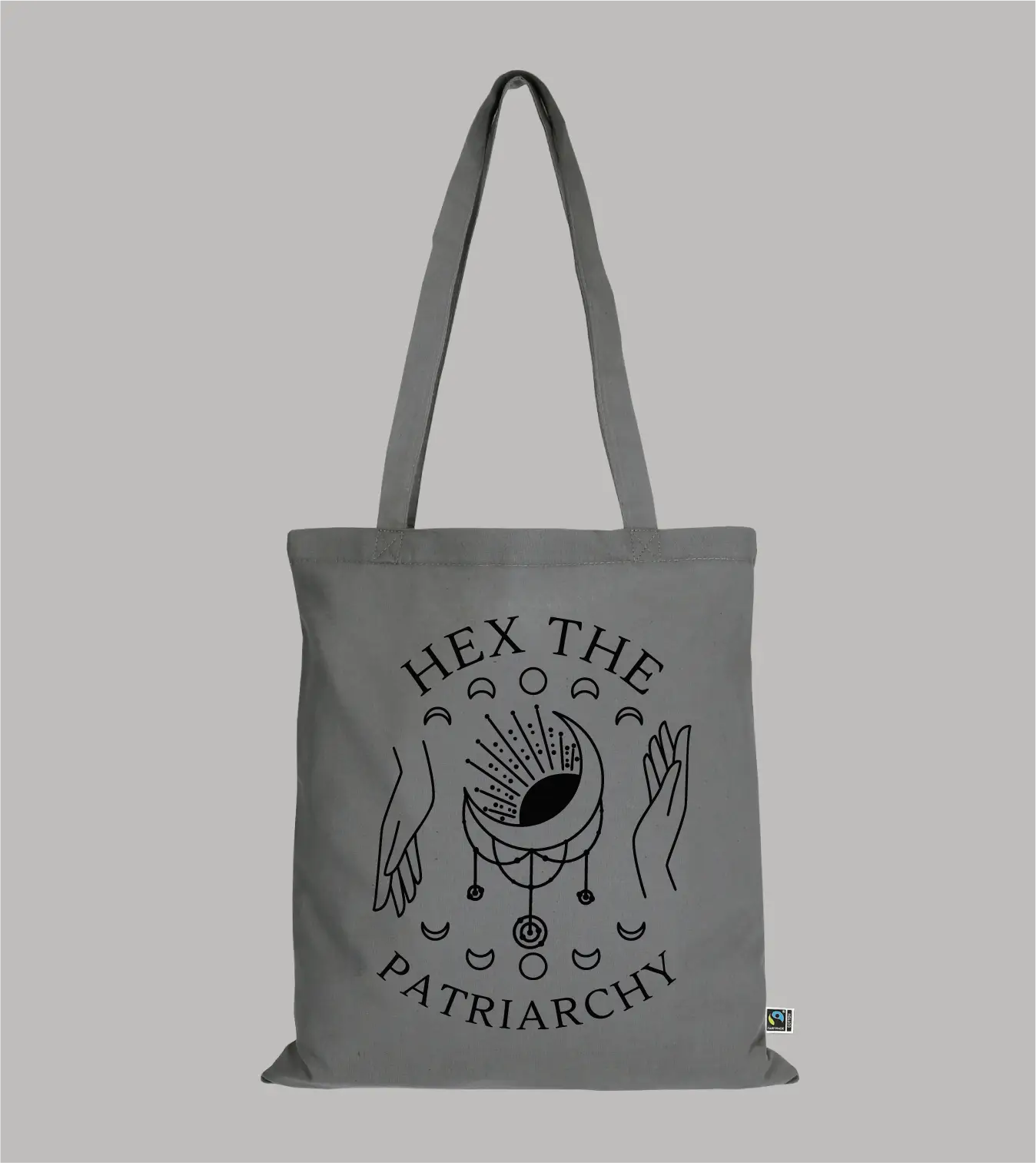 Einkaufstasche Hex The Patriarchy mit Traumfänger, Händen und Mondphasen-Motiv in schwarz auf grauer Tasche