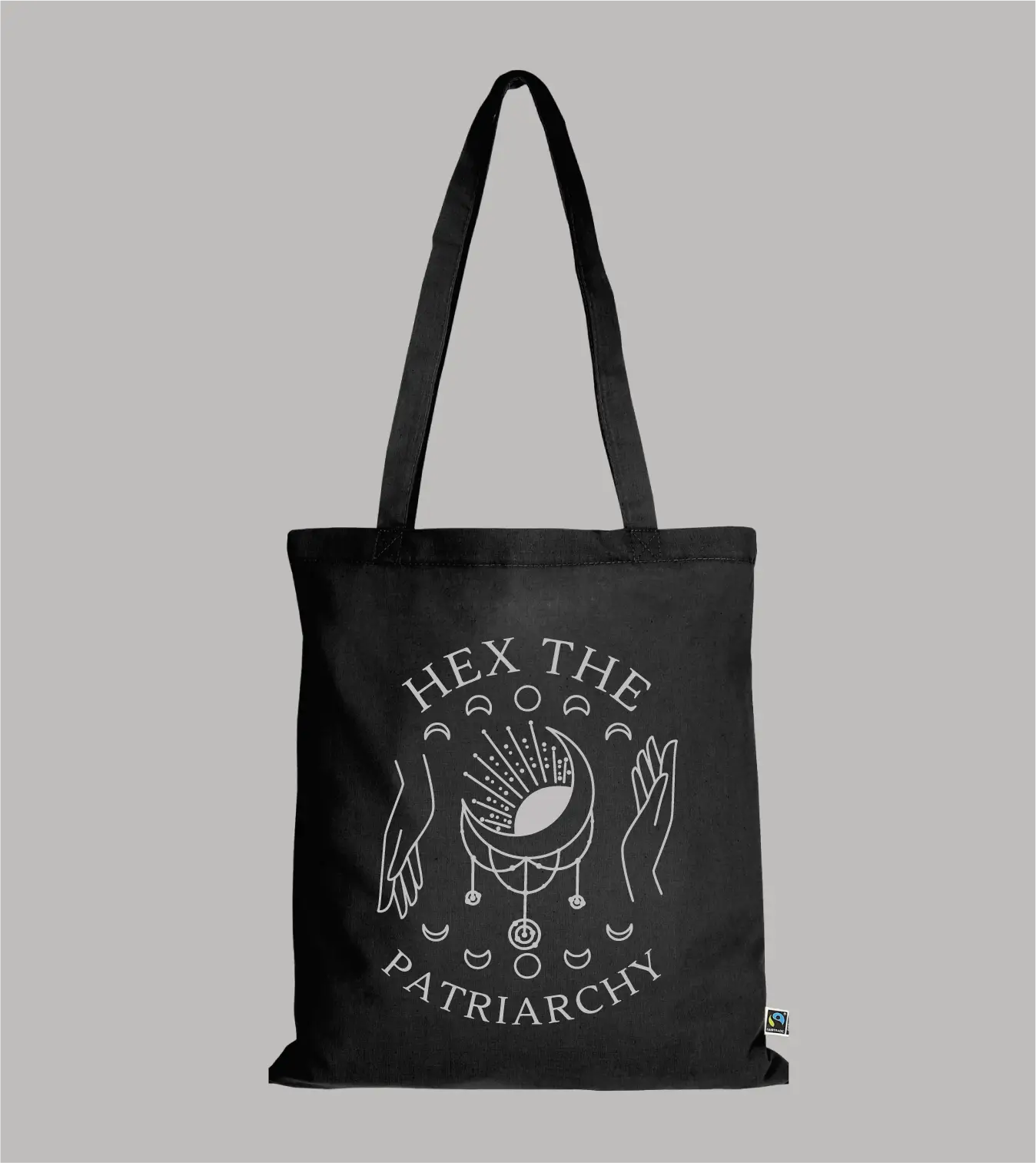 Einkaufstasche Hex The Patriarchy mit Traumfänger, Händen und Mondphasen-Motiv in grau auf schwarzer Tasche