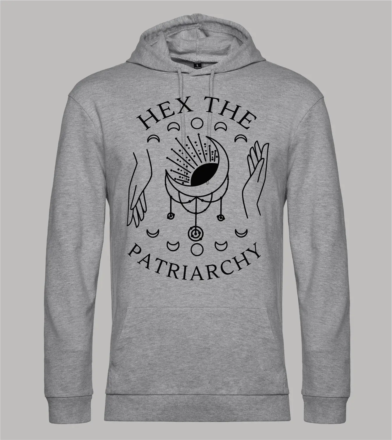 Herren Hoodie Hex The Patriarchy mit Traumfänger, Händen und Mondphasen-Motiv in schwarz auf grauem Hoodie