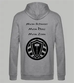 Rückansicht grauer Herren Hoodie mit Spruch 'Mein Schwert Mein Herz Mein Zorn' und Stahllager-Logo