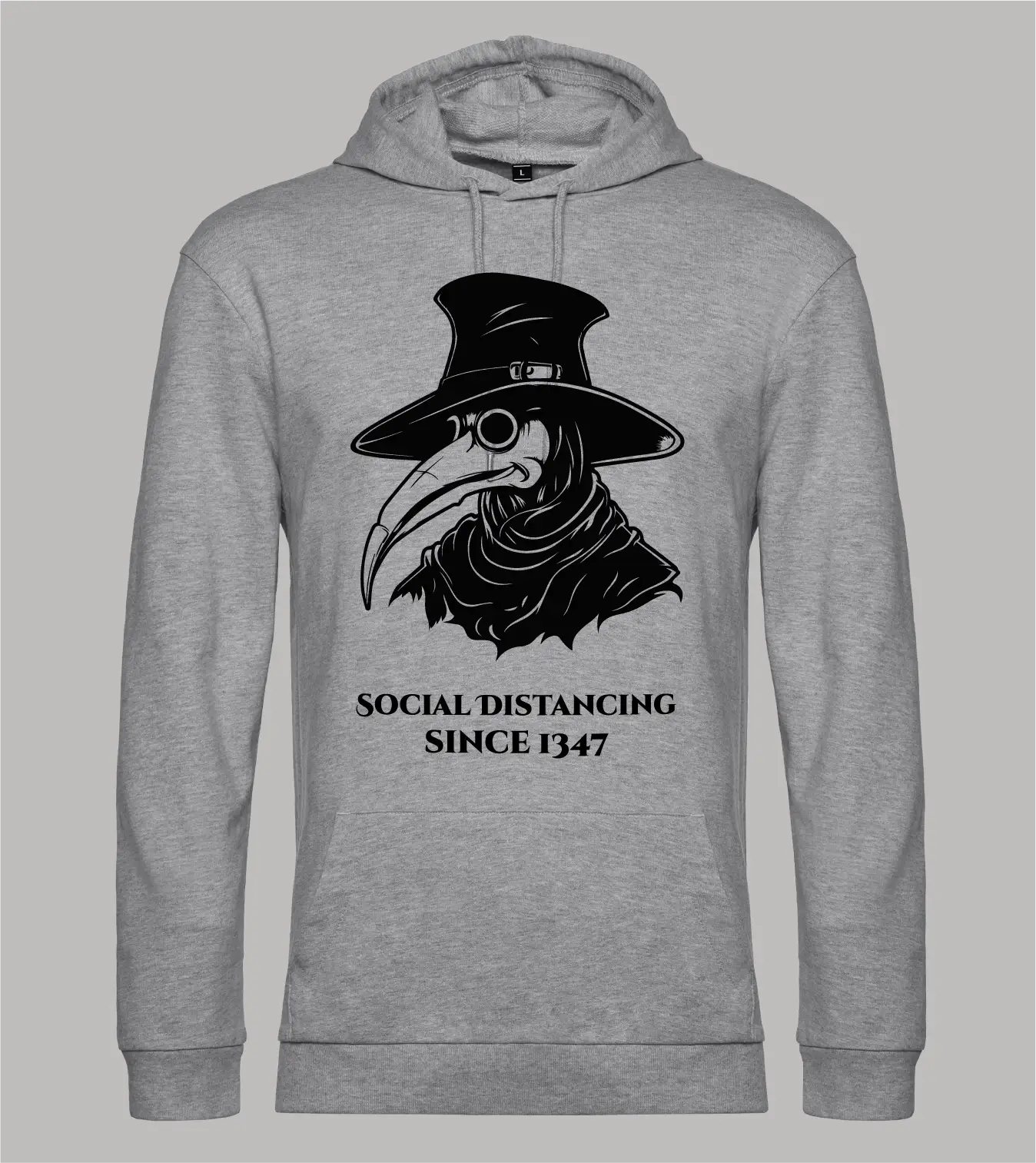 Herren-Hoodie-Pestarzt-Grau Herren Hoodie Pestarzt mit Pestarzt-Motiv und Schriftzug "Social Distancing since 1347" in schwarz auf grauem Hoodie
