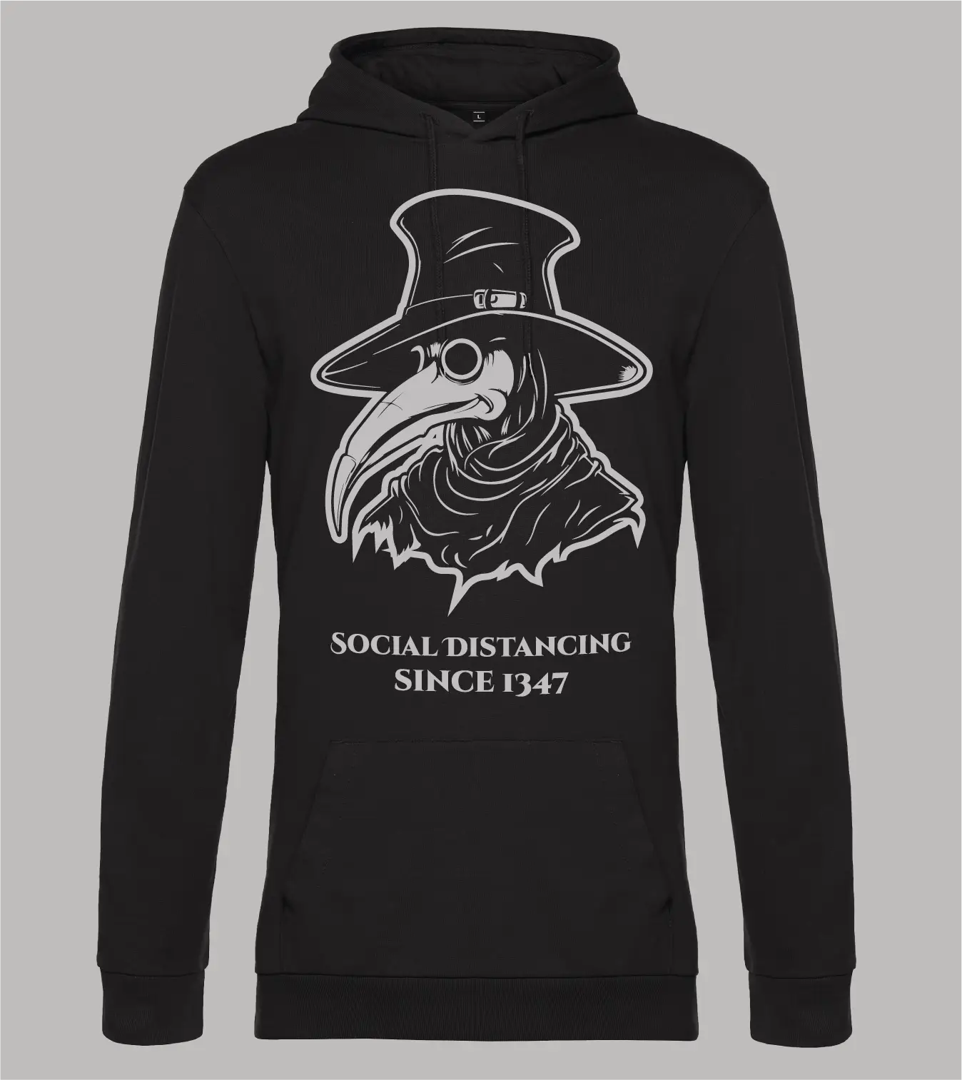 Herren-Hoodie-Pestarzt-Schwarz Herren Hoodie Pestarzt mit Pestarzt-Motiv und Schriftzug "Social Distancing since 1347" in grau auf schwarzem Hoodie