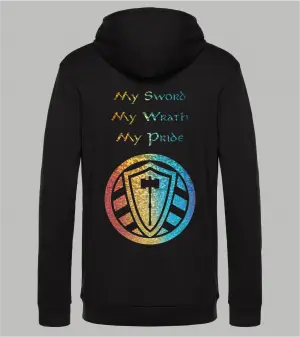 Rückansicht schwarzer Herren Hoodie mit Spruch 'My Sword My Wrath My Pride' und Stahllager-Logo