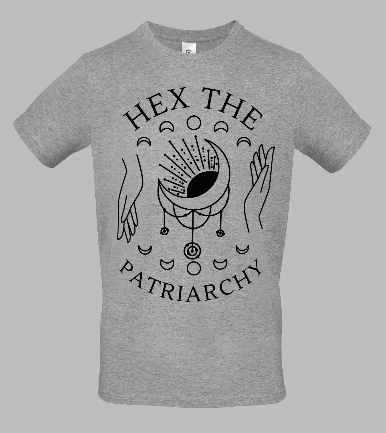 Herren T-Shirt Hex The Patriarchy mit Traumfänger, Händen und Mondphasen-Motiv in schwarz auf grauem Shirt