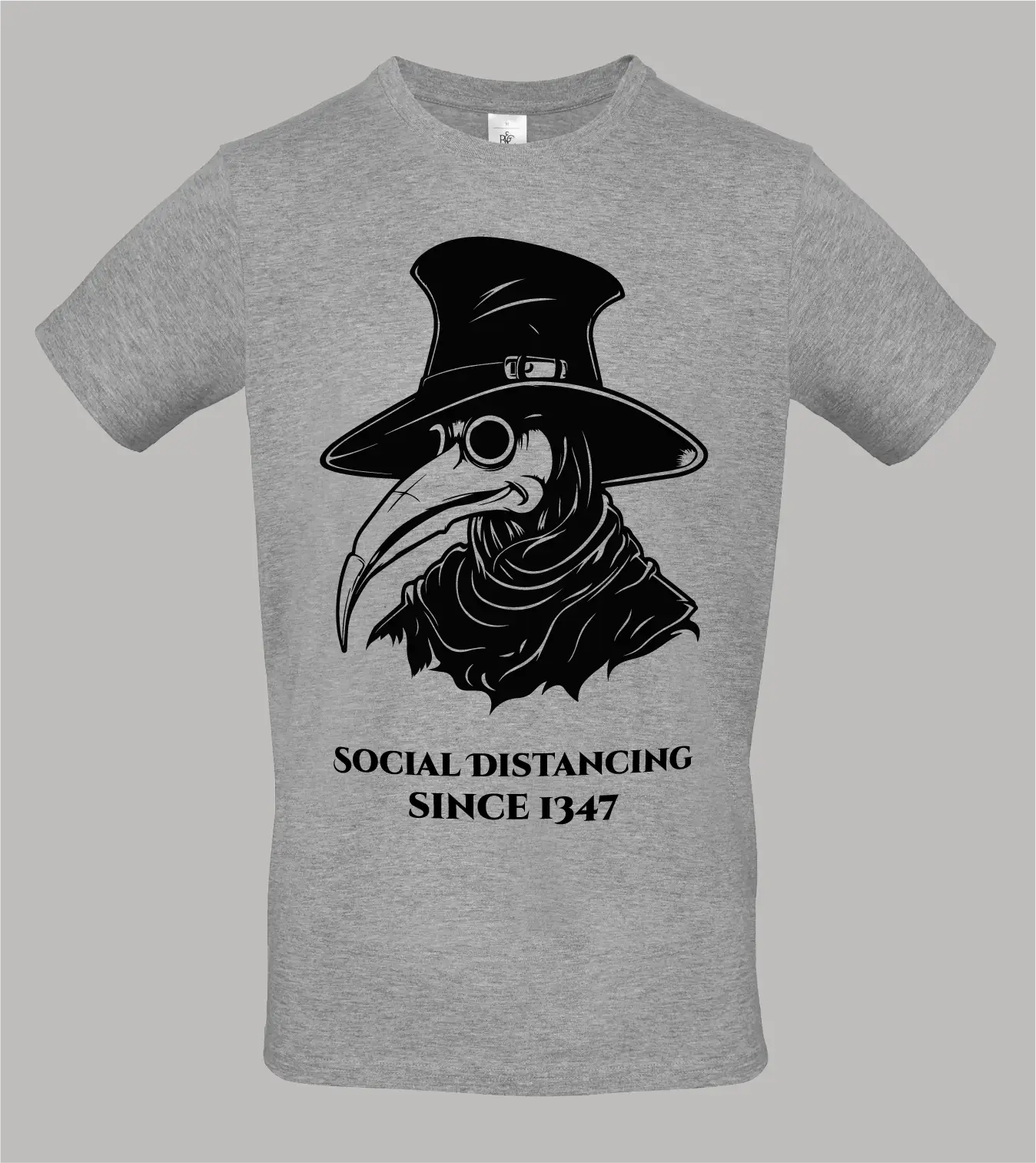 Herren T-Shirt Pestarzt mit Pestarzt-Motiv und Schriftzug "Social Distancing since 1347" in schwarz auf grauem Shirt