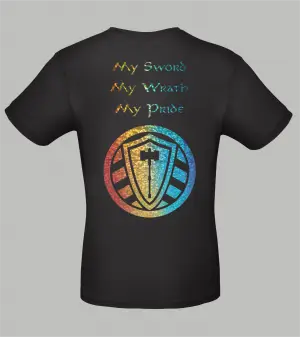 Rückansicht schwarzes Herren T-Shirt mit Spruch 'My Sword My Wrath My Pride' und Stahllager-Logo