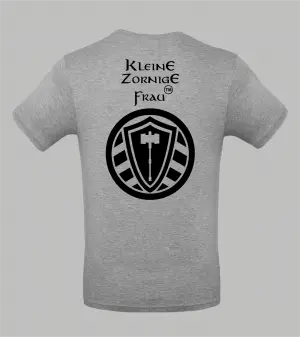 Rückansicht graues Herren T-Shirt mit Spruch 'Kleine Zornige Frau tm' und Stahllager-Logo