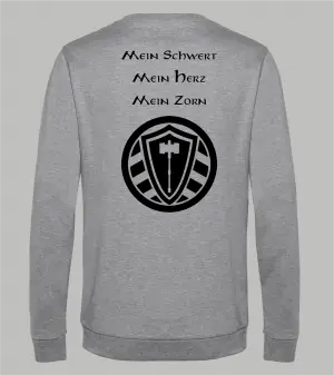 Rückansicht graues Herren Sweatshirt mit Spruch 'Mein Schwert Mein Herz Mein Zorn' und Stahllager-Logo