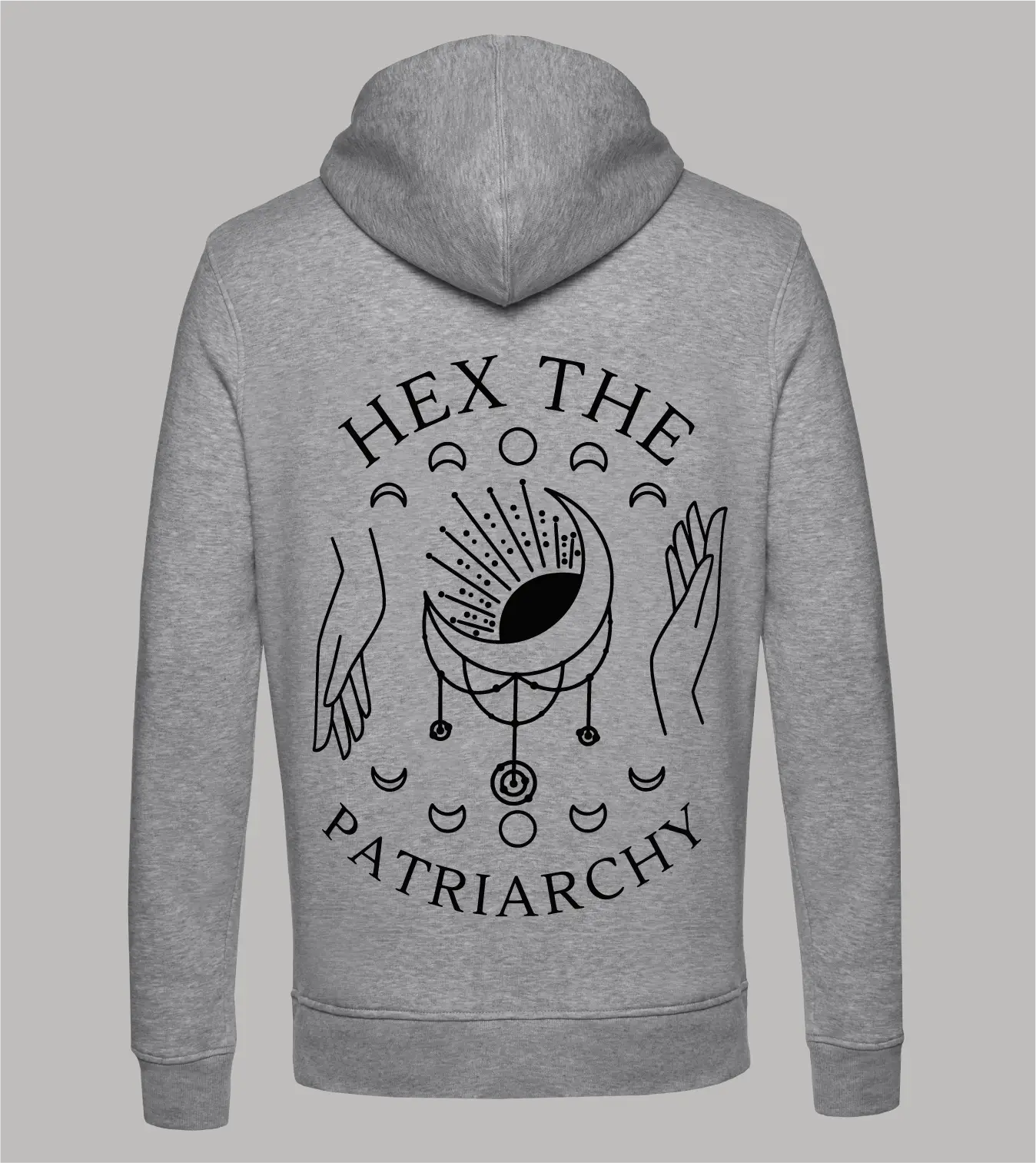 Herren-Ziphoodie-Hex-Patriarchy-Grau-Back Rückansicht Herren Zip-Hoodie Hex The Patriarchy mit Traumfänger, Händen und Mondphasen-Motiv in schwarz auf grauem Zip-Hoodie
