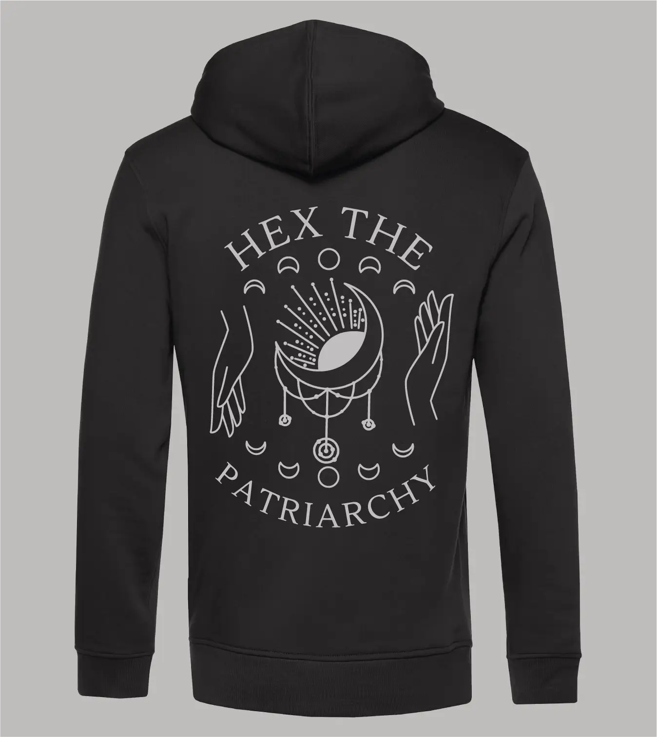 Herren-Ziphoodie-Hex-Patriarchy-Schwarz-Back Rückansicht Herren Zip-Hoodie Hex The Patriarchy mit Traumfänger, Händen und Mondphasen-Motiv in grau auf schwarzem Zip-Hoodie
