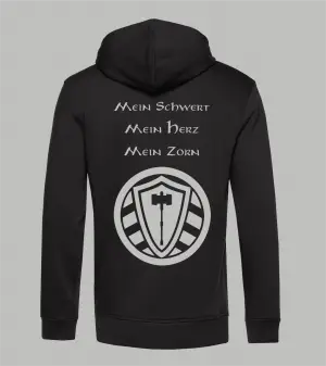 Rückansicht schwarzer Herren Zip-Hoodie mit Spruch 'Mein Schwert Mein Herz Mein Zorn' und Stahllager-Logo