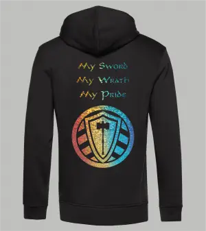 Rückansicht schwarzer Herren Zip-Hoodie mit Spruch "My Sword My Wrath My Pride" und Stahllager-Logo in Holo-Regenbogen-Farbe