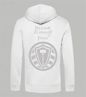 Rückansicht weißer Herren Zip-Hoodie mit Spruch 'Kleine Zornige Frau tm' und Stahllager-Logo