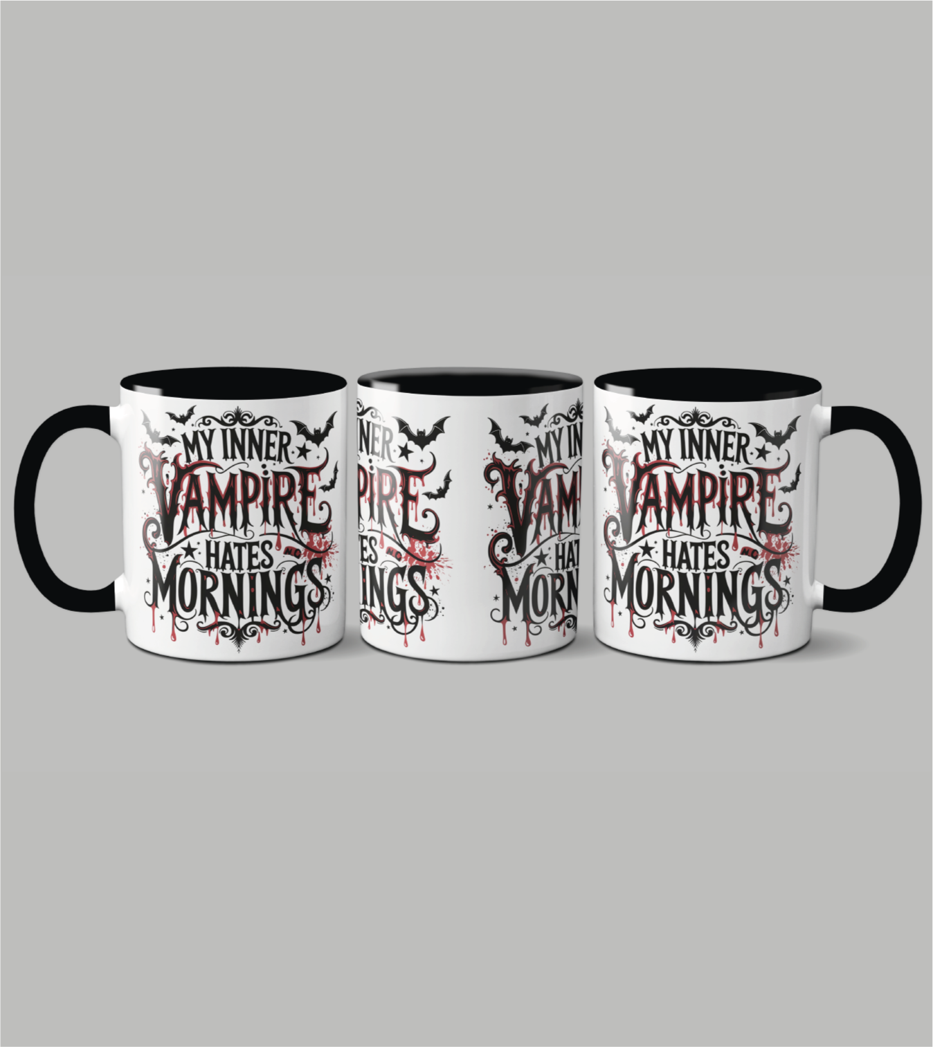 Tasse My Inner Vampire mit Gothic-Schriftzug "My inner vampire hates mornings", Fledermaus-Motiv und Bluttropfen in Schwarz-Rot auf weißer Tasse mit schwarzem Henkel