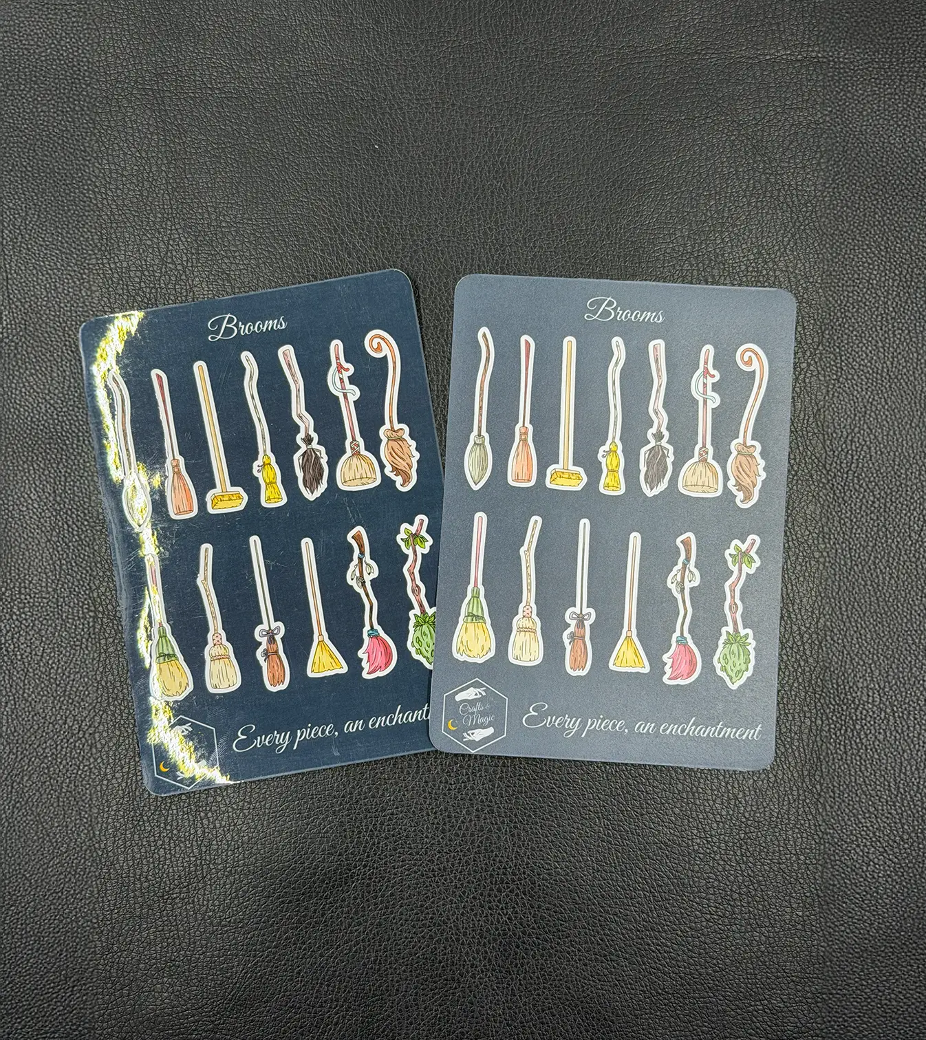 Sticker Sheet Brooms in glossy und matt, bunte Hexenbesen mit Kristallen, Blättern und Reisig in verschiedenen Farben