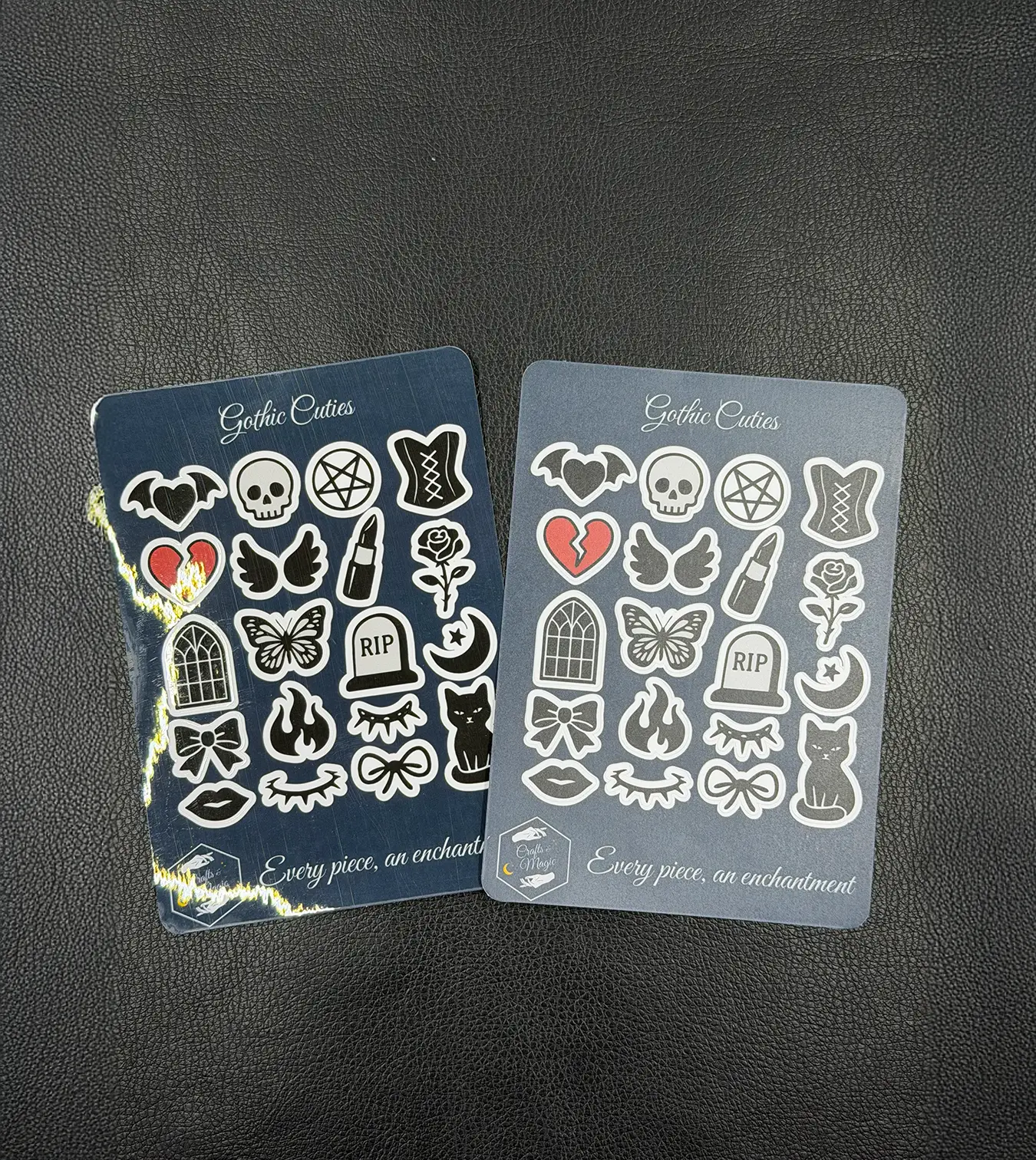 Sticker Sheet Gothic Cuties in glossy und matt, Gothic Motive mit Broken Hearts, Pentagramm, Totenkopf, schwarzer Katze und Korsett