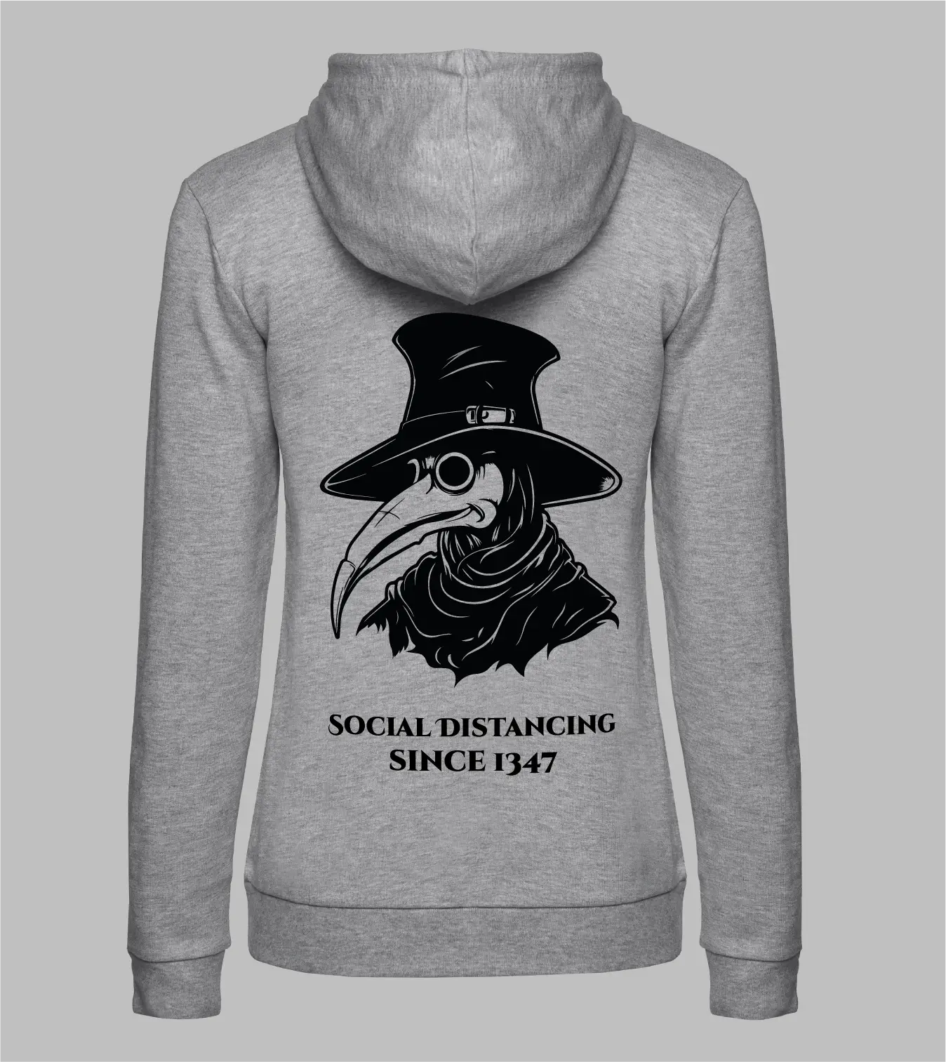 Damen Ziphoodie Pestarzt mit Pestarzt-Motiv und Schriftzug "Social Distancing since 1347" in schwarz auf grauem Ziphoodie
