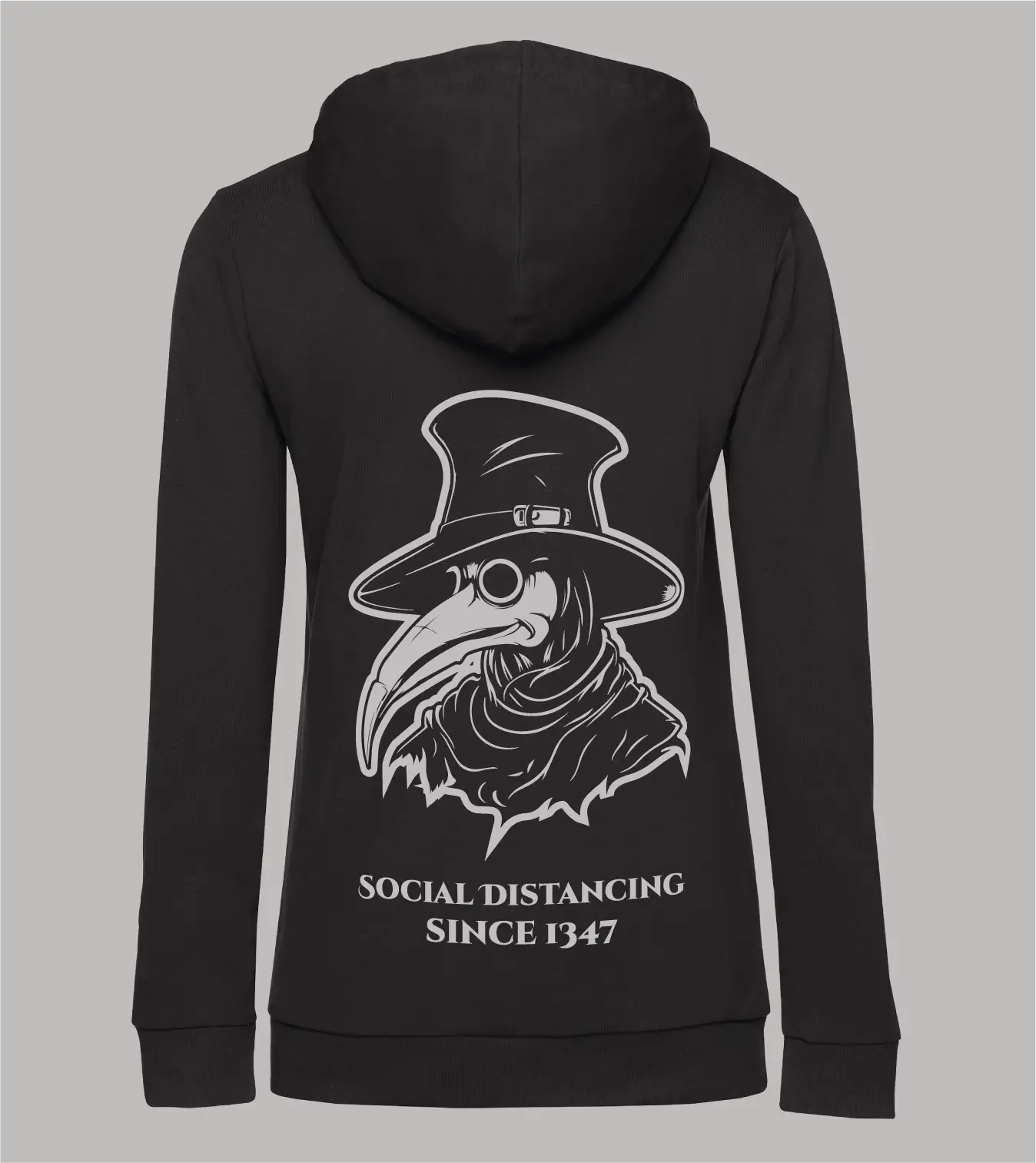 Damen Ziphoodie Pestarzt mit Pestarzt-Motiv und Schriftzug "Social Distancing since 1347" in grau auf schwarzem Ziphoodie