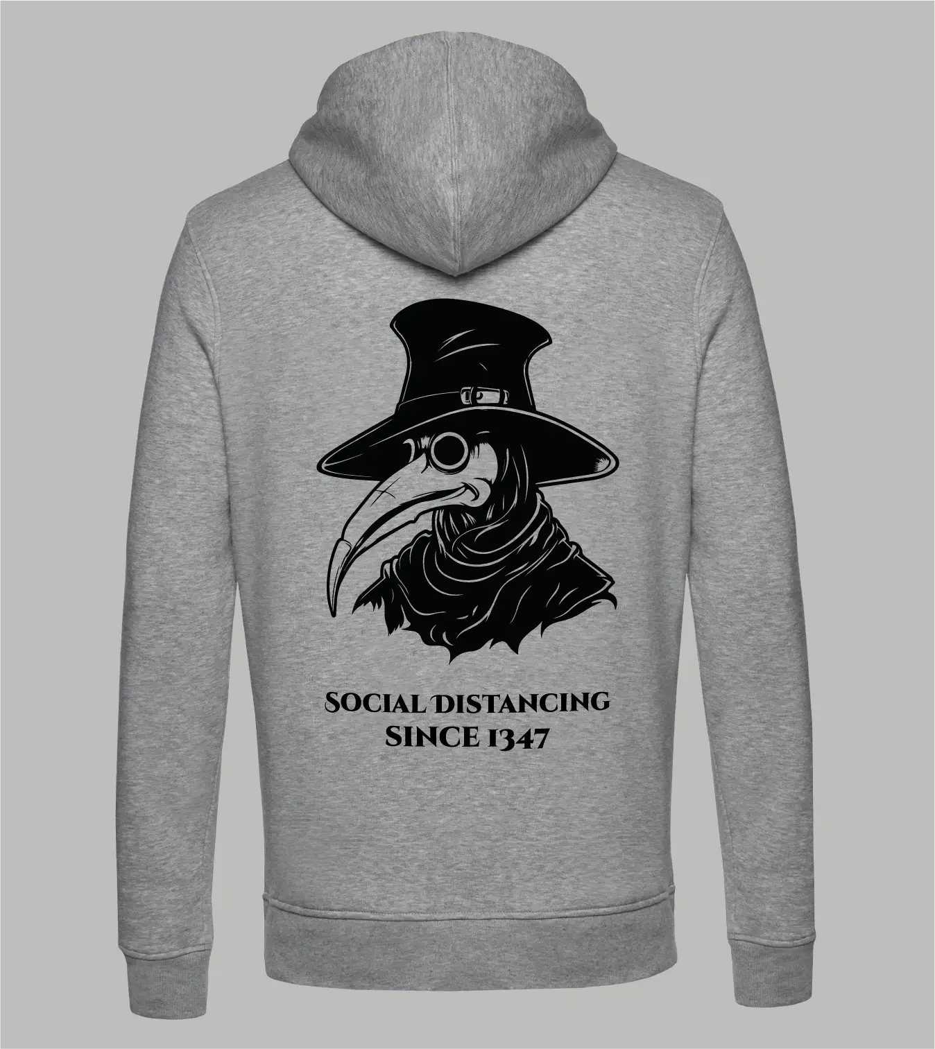 Herren Ziphoodie Pestarzt mit Pestarzt-Motiv und Schriftzug "Social Distancing since 1347" in schwarz auf grauem Ziphoodie