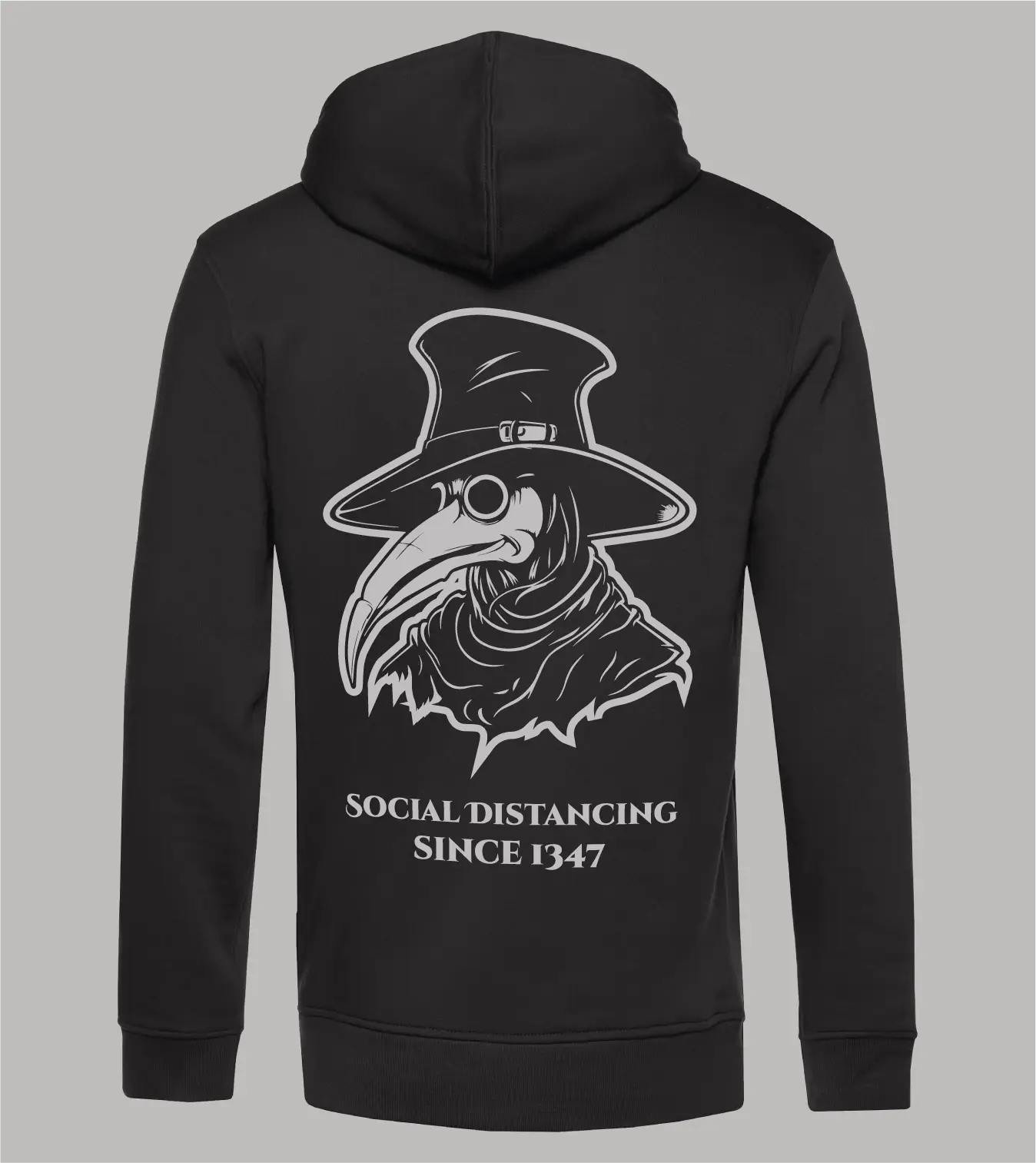 Herren Ziphoodie Pestarzt mit Pestarzt-Motiv und Schriftzug "Social Distancing since 1347" in grau auf schwarzem Ziphoodie