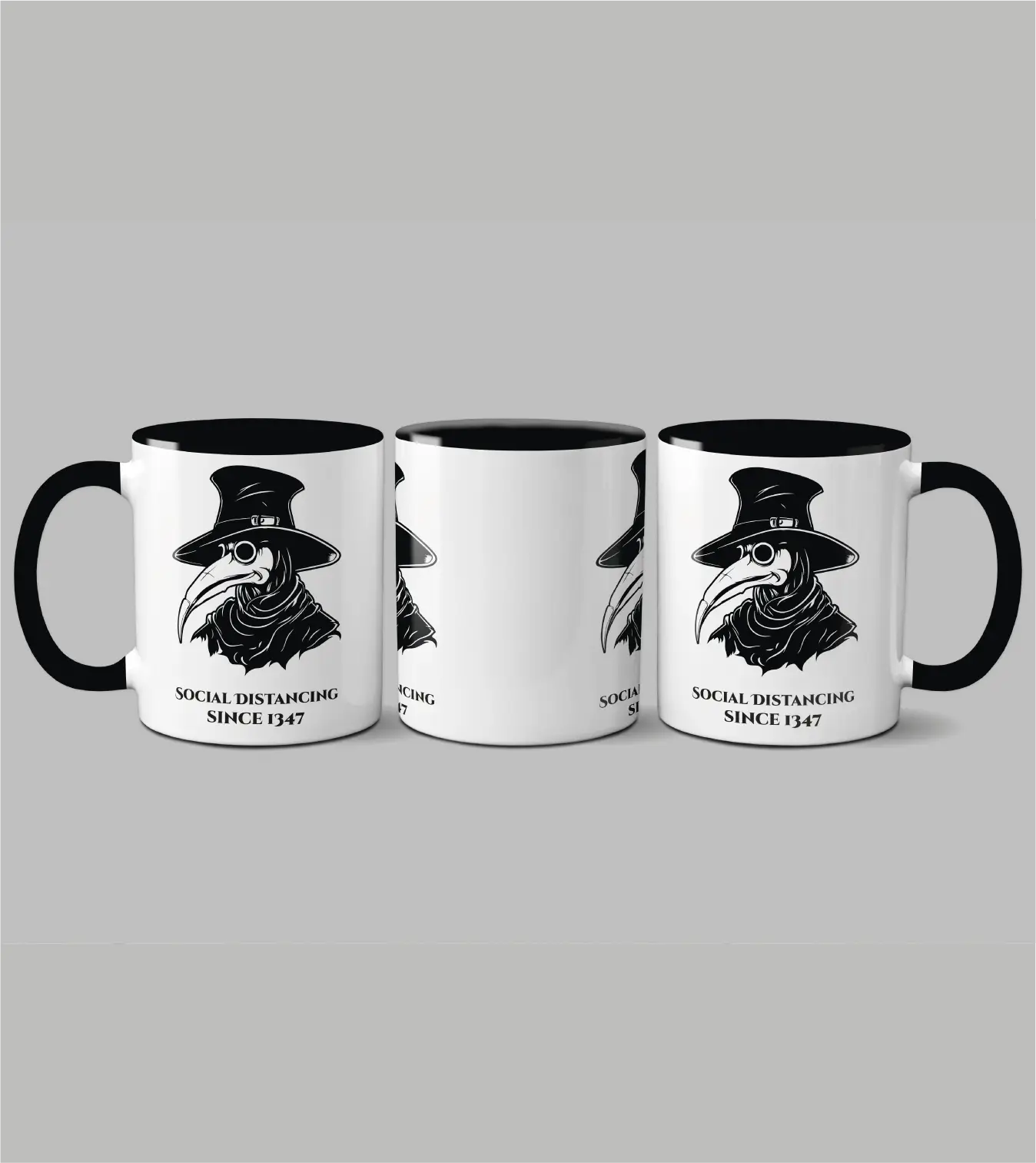 Keramiktasse Pestarzt mit Pestarzt-Motiv und Schriftzug "Social Distancing since 1347" in schwarz weißer Tasse mit schwarzem Henkel