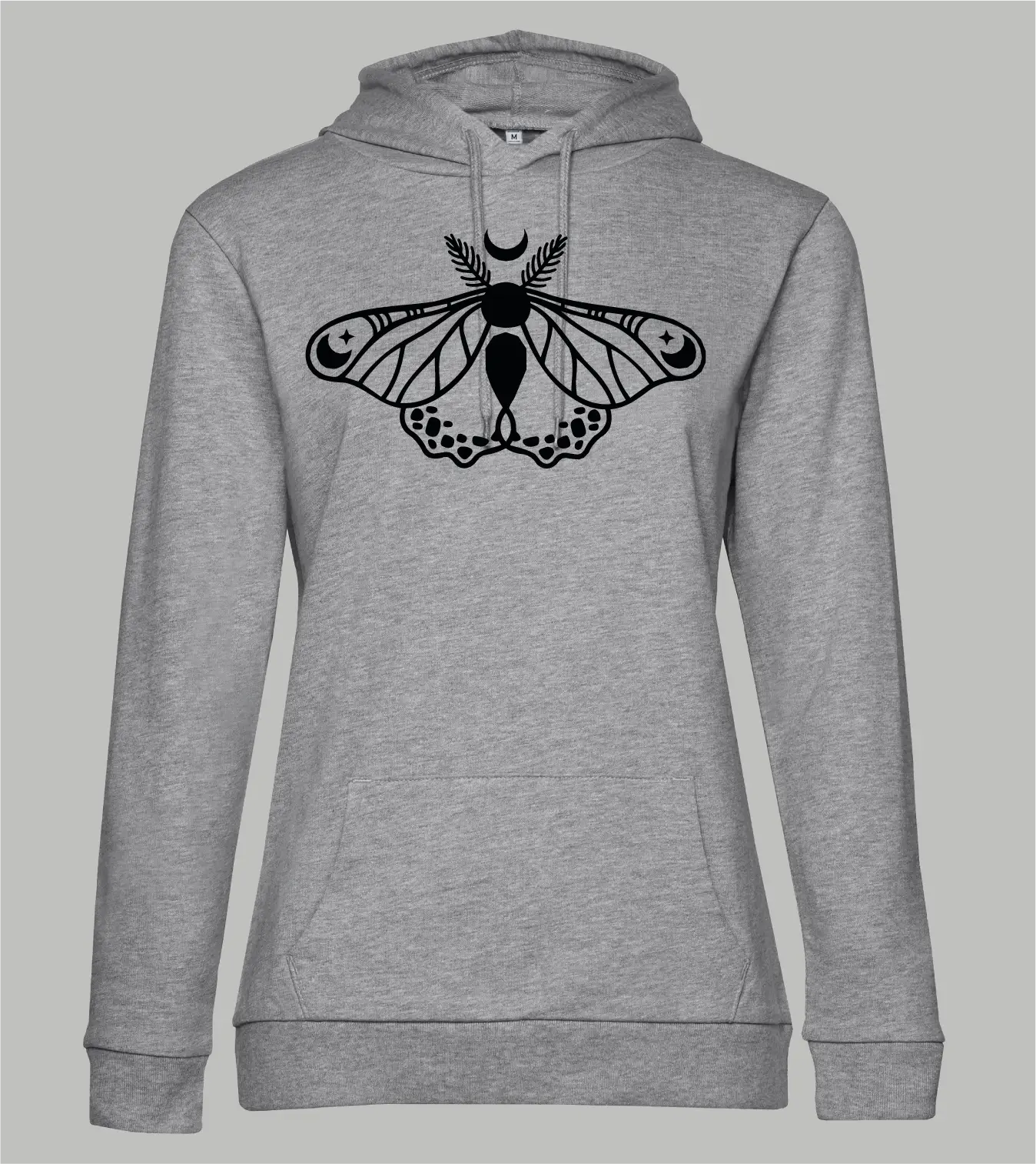 Damen Hoodie in Grau meliert mit schwarzem Celestial Moth Print, Nachtfalter mit Mondsichel und Sternen