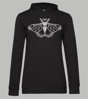 Damen Hoodie in Schwarz mit grauem Celestial Moth Print, Nachtfalter mit Mondsichel und Sternen