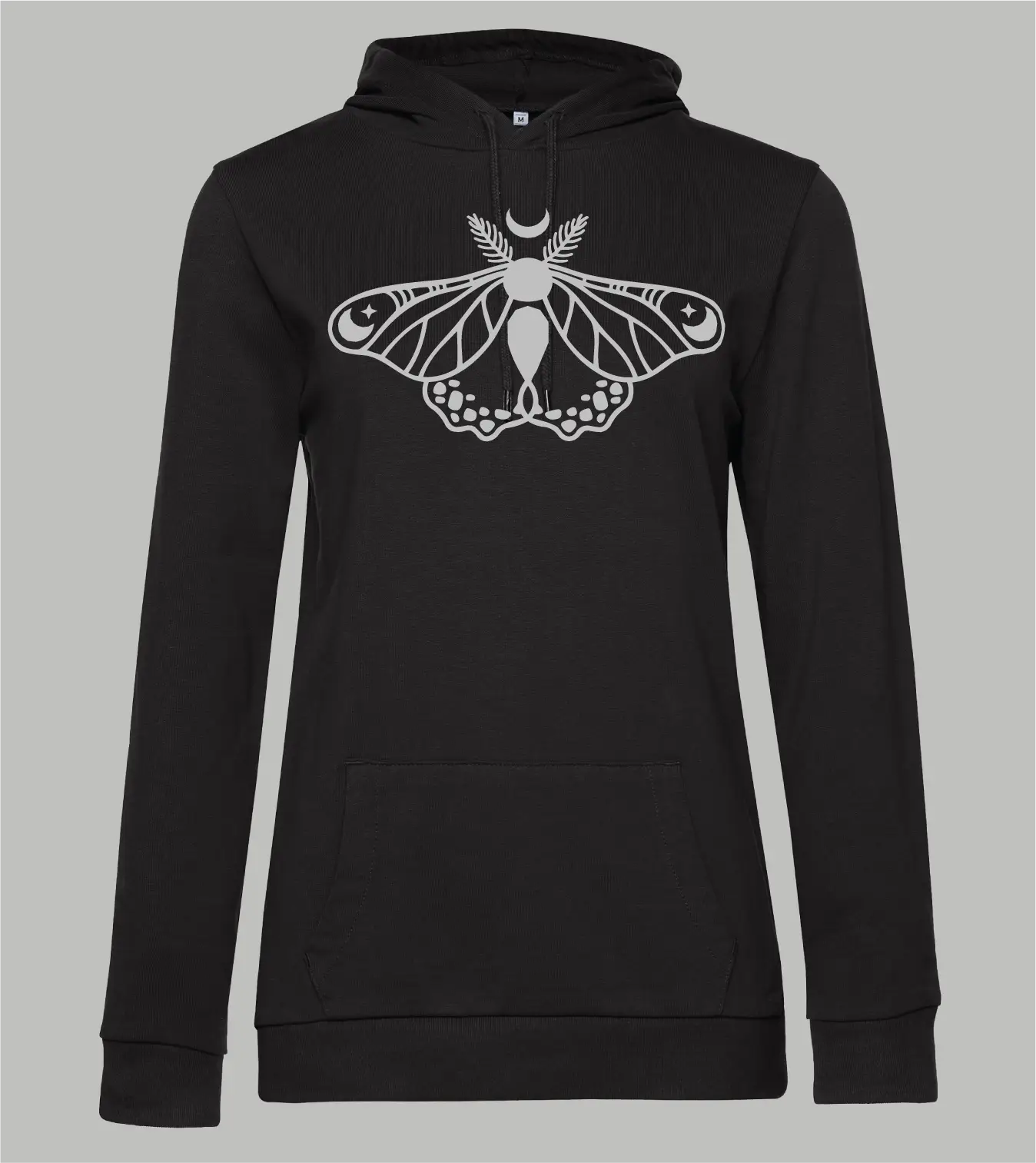 Damen Hoodie in Schwarz mit grauem Celestial Moth Print, Nachtfalter mit Mondsichel und Sternen