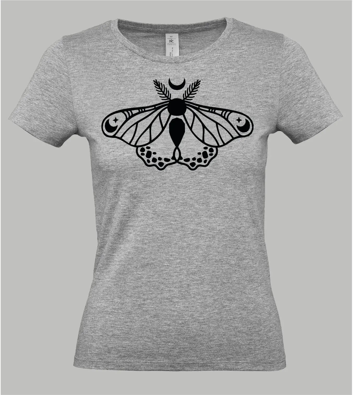Damen T-Shirt in Grau meliert mit schwarzem Celestial Moth Print, Nachtfalter mit Mondsichel und Sternen